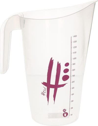 Transparante maatbeker 1400 ml met roze/paars opdruk 13 x 22 cm - 1,4 liter - Keukenbenodigdheden - Koken