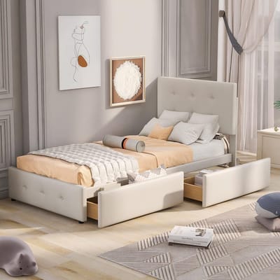Gestoffeerd Eenpersoons Bed 90x200 cm met 2 Opbergladen en Lattenbodem - Beige Fluweel