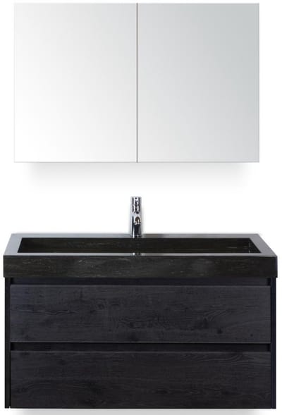 Dante Badmeubelset 100 cm - Black Oak - Wastafel Hardsteen Wit Lucca met Spiegelkast