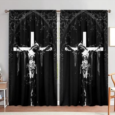 Lot de 2 rideaux imprimés Jésus sur la croix pour la décoration intérieure - Traitement de fenêtre à passe-tringle pour chambre à coucher, bureau, cuisine, salon, 52.5cmX116cm X 2pcs