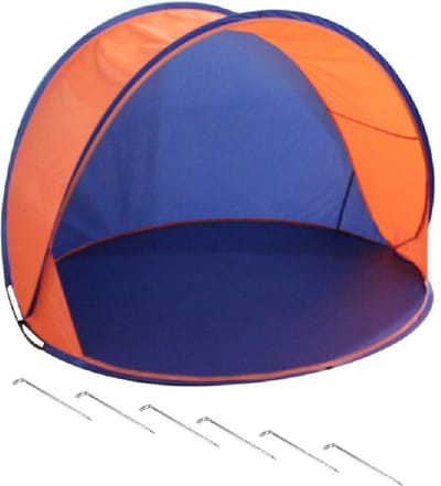 Beachshelter pop-up strandtent/windscherm blauw/oranje 150 x 80 cm incl. haringen - Zon/wind bescherming voor kinderen