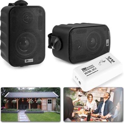 Geluidsinstallatie voor tuin, terras, etc. - Bluetooth geluidsinstallatie met 2 weersbestendige opbouwspeakers (3 inch) - Zwart