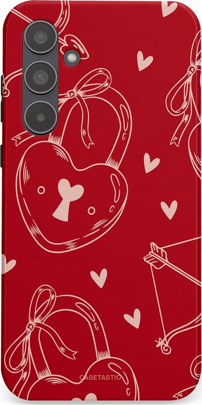 Casetastic Hoesje Geschikt voor Samsung A55 - Stijlvolle Beschermende Duo-layer Case - Hartendief - Liefdes Slotjes - Valentijn - Valentine - Love - Rood Wit