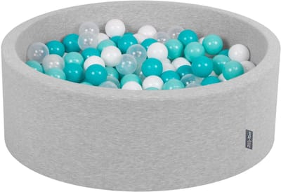 KiddyMoon ballenbad 90x30cm/300 ballen ∅ 7cm ballenbad met kleurrijke ballen voor baby's kinderen rond, lichtgrijs:licht turquoise/wit/transparant/turquoise