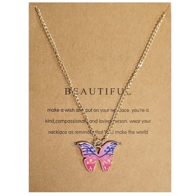 Fako Bijoux® - Doe Een Wens - Vlinder Ketting - Make A Wish - Beautiful - Blauw/Roze - Ketting Inclusief Kaart Met Tekst - Goudkleurig