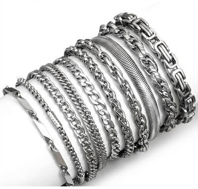 Set van 10 zilverkleurige schakel armbanden voor heren – diverse schakels en patronen – metaal