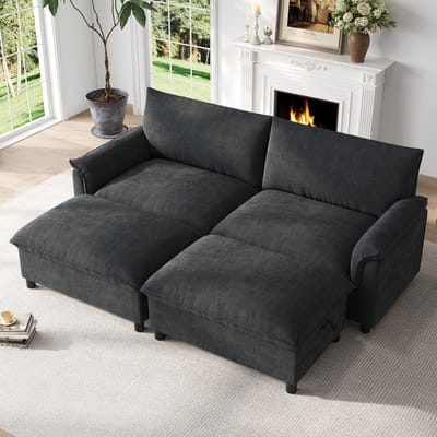 OKWISH Hoekbank 216 x 77 x 82 cm - Met 2 Verplaatsbare Hockers en Opbergruimte - Omvormbaar Tot Bed - Chenille - Zwart
