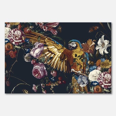 Poster op Papier - 60 x 40 cm - Papegaai omringd door kleurrijke bloemen - PosterJunkie