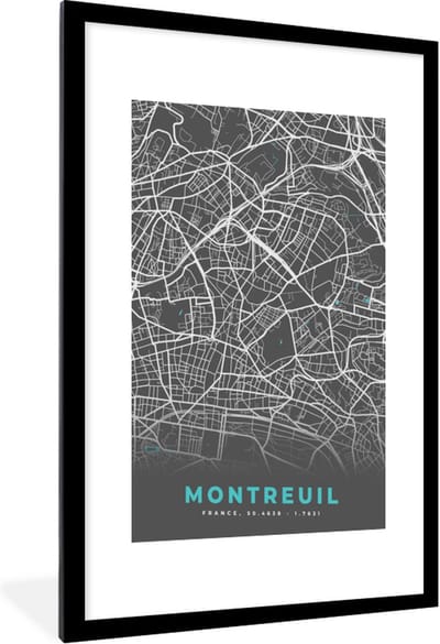Fotolijst incl. Poster - Kaart - Plattegrond - Montreuil - Stadskaart - Frankrijk - 60x90 cm - Posterlijst