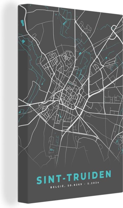 Canvas Schilderij Plattegrond – Sint Truiden – Blauw – Stadskaart - Kaart - 20x30 cm - Wanddecoratie