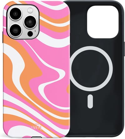 xoxo Wildhearts Chasing Sunsets - Double Layer - Hoesje geschikt voor iPhone 16 Pro Max MagSafe case - Siliconen hoesje met golvenprint - Golven - Magnetisch telefoonhoesje - Magneet case - Optimale bescherming - Dubbele beschermlaag - Roze - Oranje