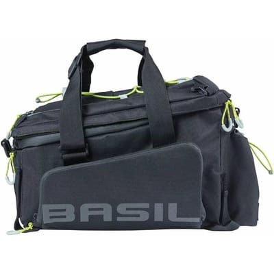 Basil Miles XL Pro Bagagedragertas 9-36L Zwart/Lime Waterdicht Uitklapbare Zijtassen Bidonvak Helmhouder Voor E-bike & Dagtocht