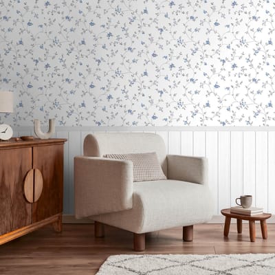 Fotobehang Profhome 398052-GU vliesbehang hardvinyl warmdruk in reliëf licht gestructureerd met bloemen patroon mat crème crèmewit blauw groen 1,59 m x 2,8 m