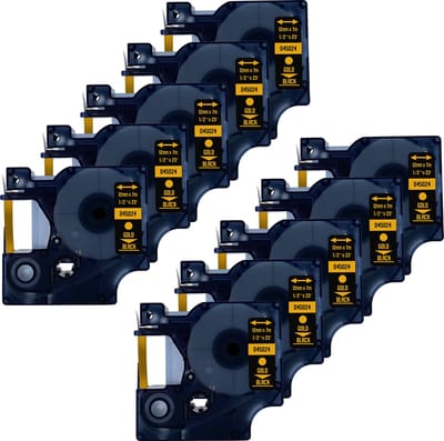 DULA Dymo D1 45024 Compatible label tape - 10 lettertapes - Goud op zwart - 12mm x 7m