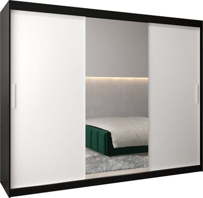 InspireMe - Kledingkast met 3 schuifdeuren, Modern-stijl, Kledingkast met planken (BxHxD): 250x200x62 - TORM I 250 Zwart Mat + Wit Mat