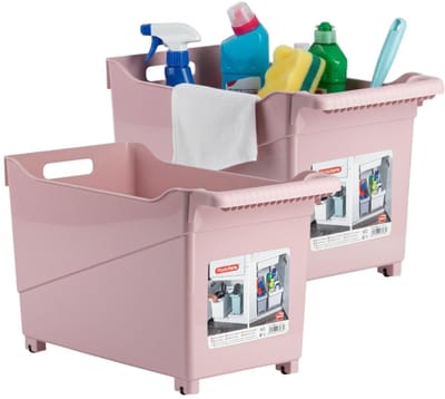 Plasticforte Opbergbox - 2x - lichtroze - 45 x 24 cm - kunststof - op wieltjes