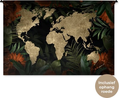 Wandkleed WereldkaartenKerst illustraties - Zandkleurige wereldkaart met structuurpatroon en oranje bloemen en tropische bladeren Wandkleed katoen 180x120 cm - Wandtapijt met foto