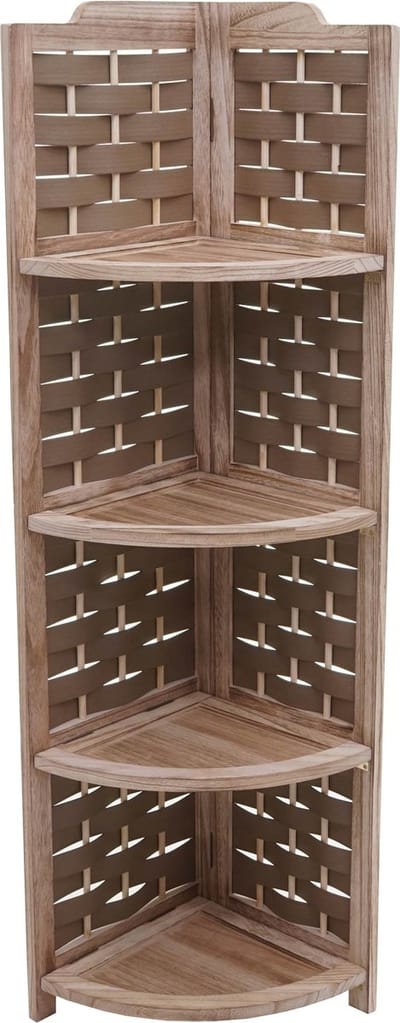 Hoekplank MCW-K85, staande plank, opklapbaar 4 planken, paulowniahout 110cm ~ bruin, vlechtwerk bruin