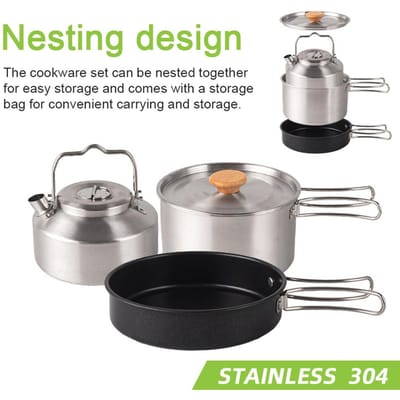 Ensemble d'ustensiles de cuisine de camping et de randonnée, kit de cuisine de pique-nique portable pour l'extérieur, ensemble casserole, poêle à frire, bouilloire en acier inoxydable, voyage multicolore