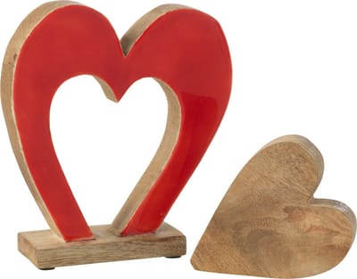 J-Line decoratie Hart Dubbel Op Voet - mangohout - rood/naturel - medium