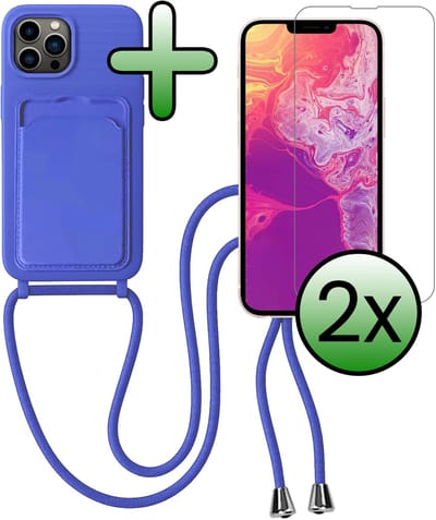 Hoes Geschikt voor iPhone 13 Pro Hoesje Pas Houder Case Hoes Met Koord Met 2x Screenprotector - Hoesje Geschikt voor iPhone 13 Pro Hoes Met Telefoonkoord Pasjeshouder Cover - Felblauw