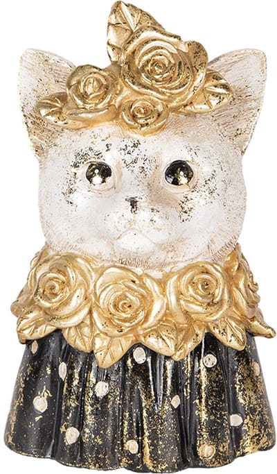 Clayre & Eef Decoratie Beeld Kat 12x10x18 cm Wit Zwart Kunststof