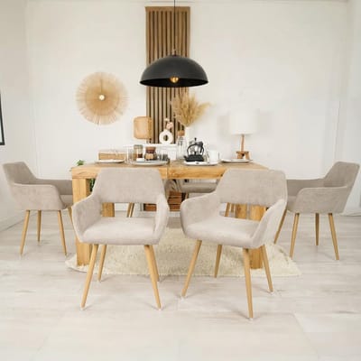 Set van 6 Luxe Gestoffeerde Eetkamerstoelen met Armleuningen – Beige Stoffen Stoelen met Metalen Poten, Ergonomisch Design, Comfortabele Zitruimte 56 x 56 x 78 cm voor Keuken, Eetkamer en Woonkamer – Novihome
