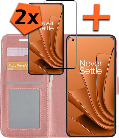 Hoes - Met 2x Screenprotector - Geschikt voor OnePlus 10 Pro - Luxe Pasjeshouder - Bookcase Portemonee - Flip Case - Kunstleer Book Case - Flipcase Hoes - Book Cover - Walletcase - PortemonneeHoes - Rosé goud