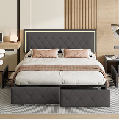 Gestoffeerd Bed 140x200 met Lades & LED – PU Leer Grijs – Tweepersoonsbed met Opbergruimte – Boxspring Stijl – Bedframe met Hoofdbord