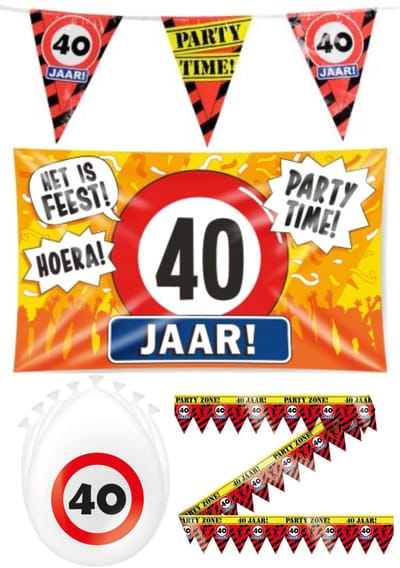 40 jaar versiering pakket - Versiering Verjaardag - Versiering Jaar Verjaardag - Slingers - Gevelvlag- Ballonnen – Afzetlint