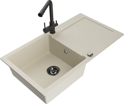 Mexen Leo granieten spoelbak met 1 bak, afdruiprek en keukenmengkraan Duero, beige - 6501-69-671600-70