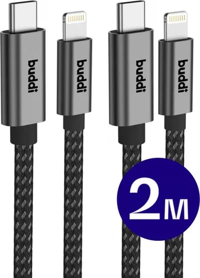 Duo Pack - Buddi Flex | USB-C naar Lightning Kabel 20W Fast Charge | Power Delivery | 480Mbps Dataoverdracht | Gevlochten Nylon | 2M | 2 Meter | Zwart