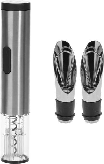 Kurkentrekker elektrisch RVS zilver 28 cm met 2x schenktuit afsluitdoppen