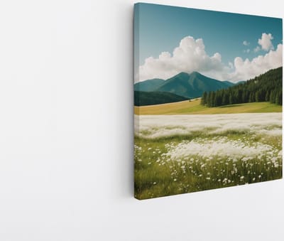 Saammp Canvas Schilderij - Landschap - Witte bloemenveld met naaldbomen - Natuur - 20x20 - Foto op canvas - Wanddecoratie - Muurdecoratie Woonkamer - Slaapkamer decoratie - Canvas Print
