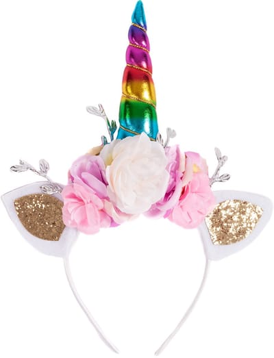 KIMU® Eenhoorn Haarband Blaadjes Regenboog - Unicorn Diadeem Met Oortjes, Bloemetjes En Takjes - Roze Hoorn Bloemen Zilveren Bladeren Festival