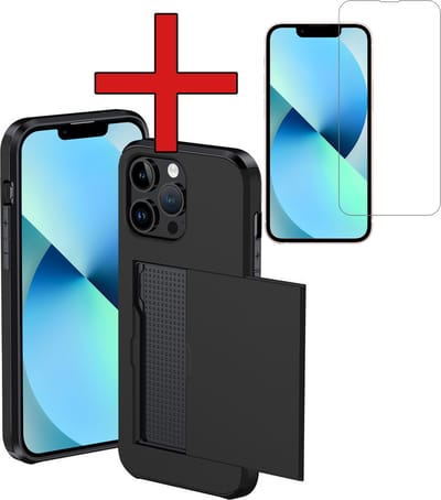 Hoesje Geschikt voor iPhone 14 Pro Hoesje Met Pasjeshouder Hard Case Met Kaarthouder Met Screenprotector - Hoes Geschikt voor iPhone 14 Pro Hoesje Pashouder Case - Zwart