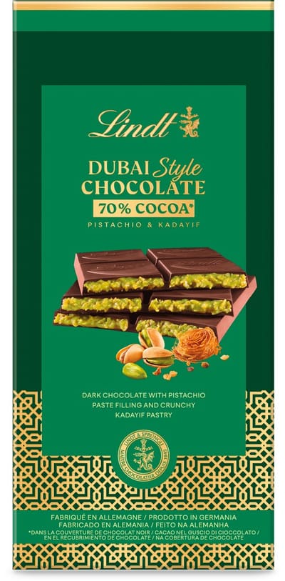 Lindt DUBAI STYLE Pure Chocoladereep Pistache 145 gram - Pure chocolade, Kadayif, Pistache noten - Premium Dubai Style chocolade