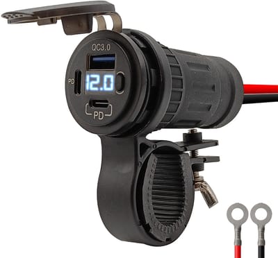ProRide 12V USB Lader Motor - USB Aansluiting Motor - 3 Poorten met Schakelaar/Voltmeter - QC3.0 - Voor Motor en Motorfiets - Blauw