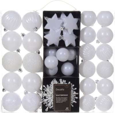 Decoris Kerstballen en ornamenten - 40x - wit - 6 cm kunststof - kersthangers - kerstboomversiering set - kerstversiering