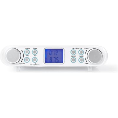 Nedis Keukenradio - Kastontwerp - FM - Netvoeding - Digitaal - 1.5 W - 2 " - Zwart-Blauw Scherm - Wekker - Wit / Zilver