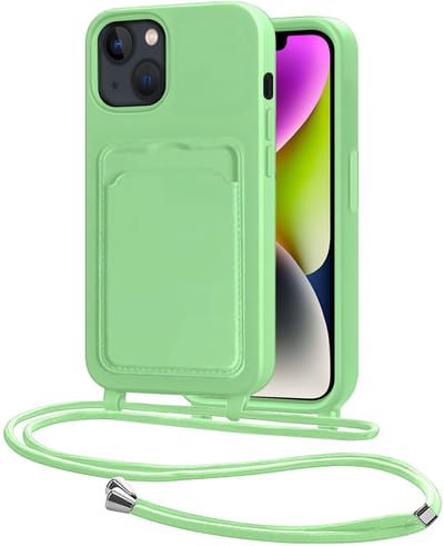 Hoes Geschikt voor iPhone 13 Hoesje Pasjeshouder Cover Met Koord Case Siliconen Hoes Met Telefoonkoord en Kaarthouder - Groen