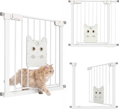 ACXIN Traphekje Zonder Boren 85-95 cm - Met Grote Kattenluik - 180° Dubbelzijdig Openend - Autoclose Dubbel Slot - Metalen Veiligheidshekje voor Baby Hond Kat - Wit