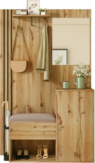 Garderobeset - 115 x 185 x 37 cm - Halcombinatie met Spiegel en Schoenenkast - Hout - Zwart
