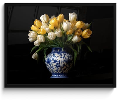 Poster in lijst - Fotolijst 70x50 cm - Posters - Geel - Tulpen - Vaas - Bloemen - Posterlijst zwart - Decoratie - Wanddecoratie woonkamer - Muurdecoratie slaapkamer