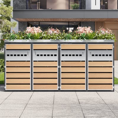 Wishdor - Afvalcontainerombouw - Vier Compartimenten - Afsluitbaar - Met Plantenbak - Buiten - Staal - Grijs En Houtkleur