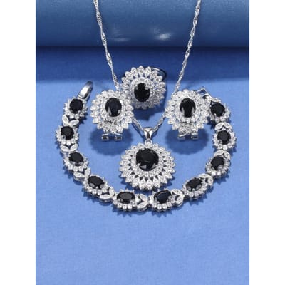 Westerse Stijl Grote Sieradensets   Mode Vintage Zirkoon Clip Oorbellen Ketting En Hanger Ring Voor Vrouwen Cadeau 10 white