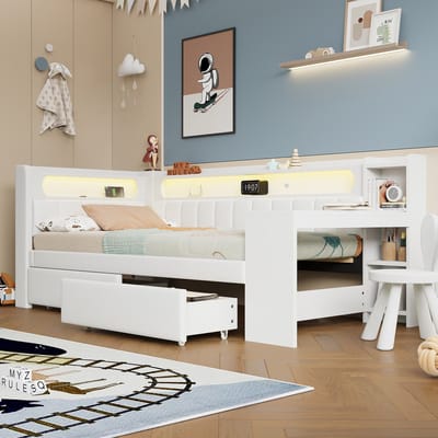 MEUNIQ bedbank 90x200 met bureau, 2 lades, LED-verlichting en USB, gestoffeerd eenpersoons bedframe met lattenbodem voor slaapkamer, wit