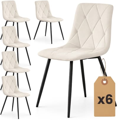 Set van 6 Eetkamerstoelen MILO / Gestoffeerde Stoelen / Fluwelen Stoelen en Metalen Poten / Beige met zwarte benen