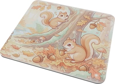 Muismat Eekhoorn met Eikel Kawaii Herfst Mousepad - Schattige Bosdieren Illustratie Pastel Bruin en Oranje - Natuur Liefhebber Bureau Accessoire voor haar: Vriendin & Collega - Bos Achtergrond met Paddestoelen - Dierencadeau