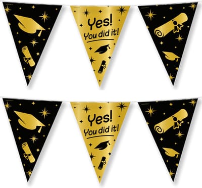 Geslaagd thema party Vlaggenlijn - 2x - binnen/buiten - plastic - zwart/goud - 10m - You did it